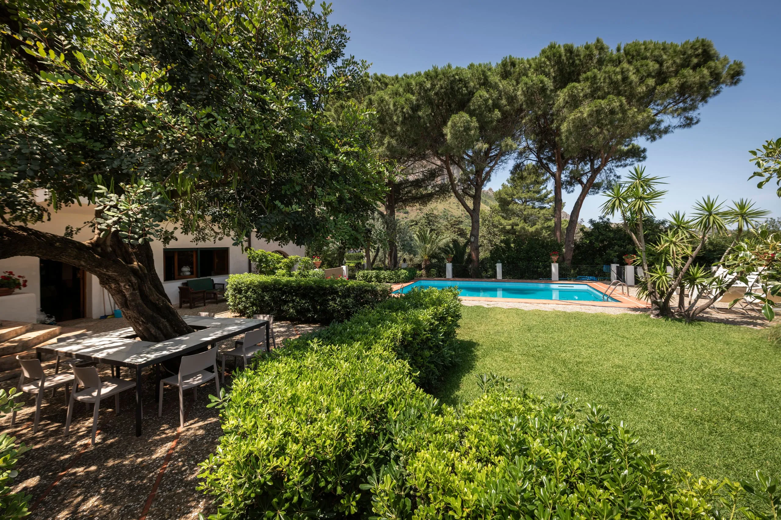 Giardino con carrubo, tavolo all’aperto e piscina di Casa del Carrubo